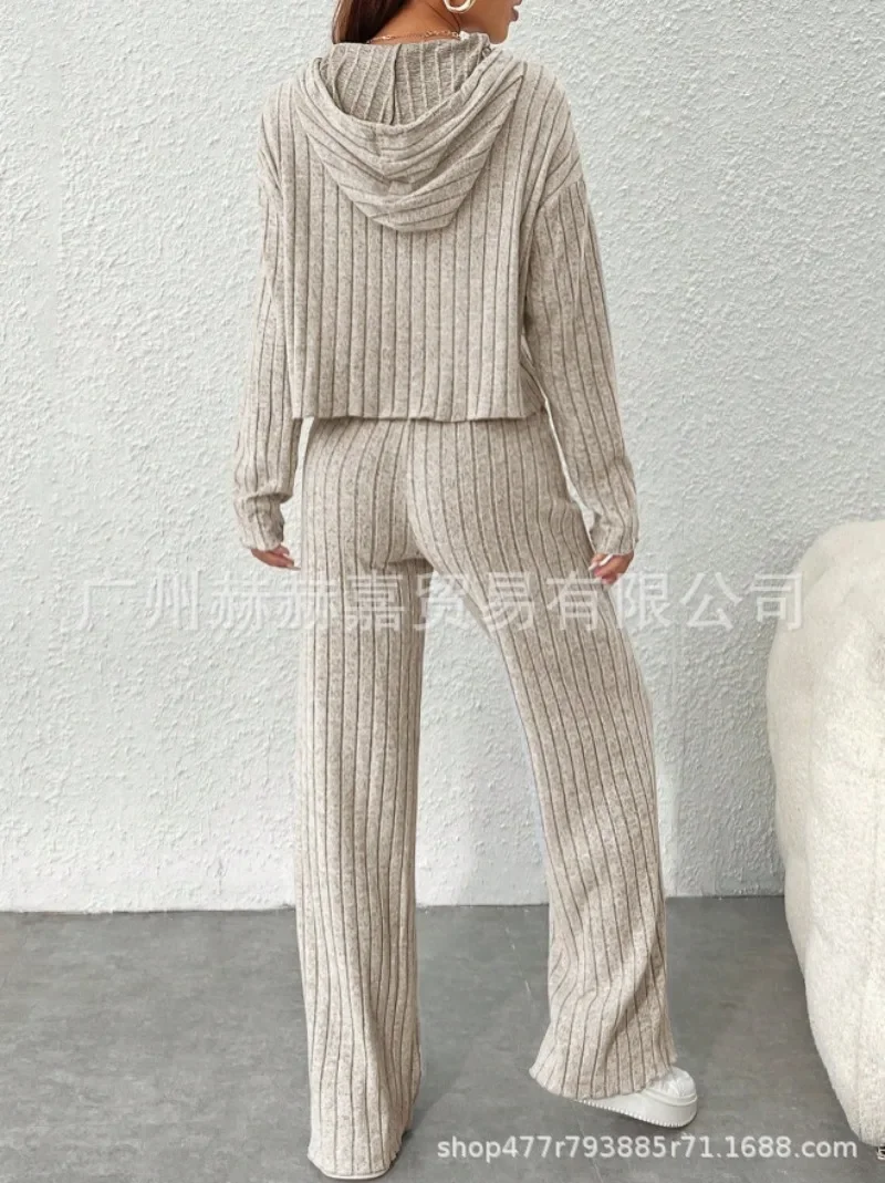 Autumn and Winter Leisure Knitted Long Sleeved Women\'s Set Foreign Trade Hooded Sweater Loose Pants Two Piece Set for Women