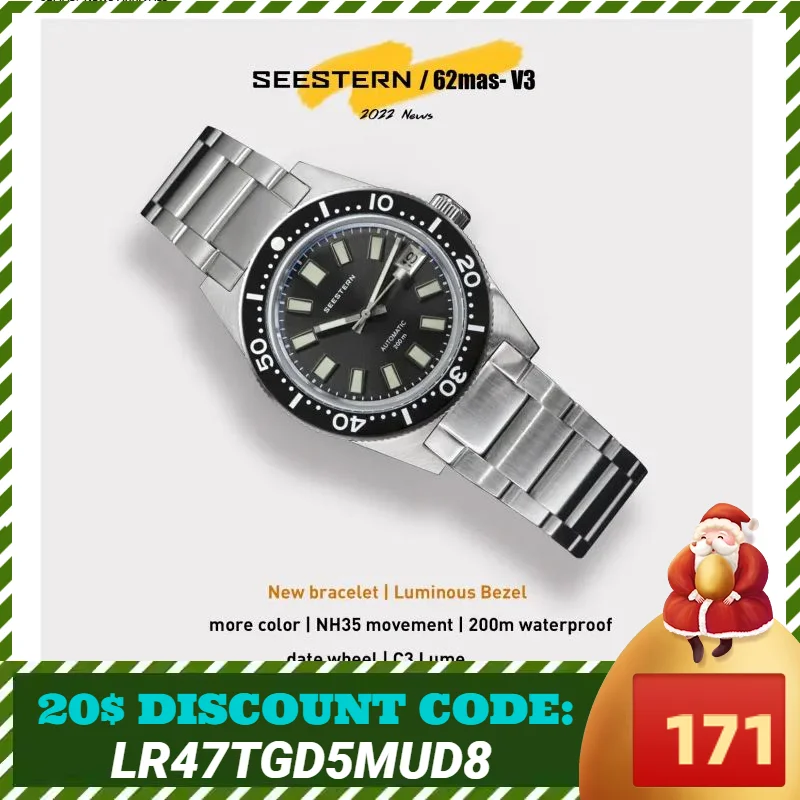 SEESTERN 62MAS Diving Watch Men Automatic Mechanical Wristwatch Luminous Bezel Waterproof NH35 Movement Sapphire Glass Bracelet