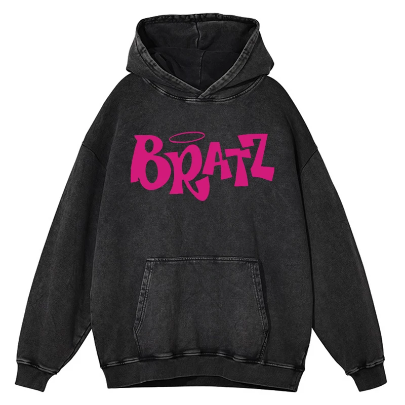 Cotton Womans Acid Wash Hoodies Y2K Pink Bratz Letter Printing Streetwear Oversize Pocket Warm Pullovers Autumn Female Clothes