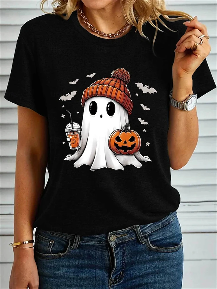 Cute Halloween Ghost T-Shirt Women's T-Shirt Crew Neck Loose-Fit Breathable Short Sleeve Casual Outdoor Fashion T-Shirt