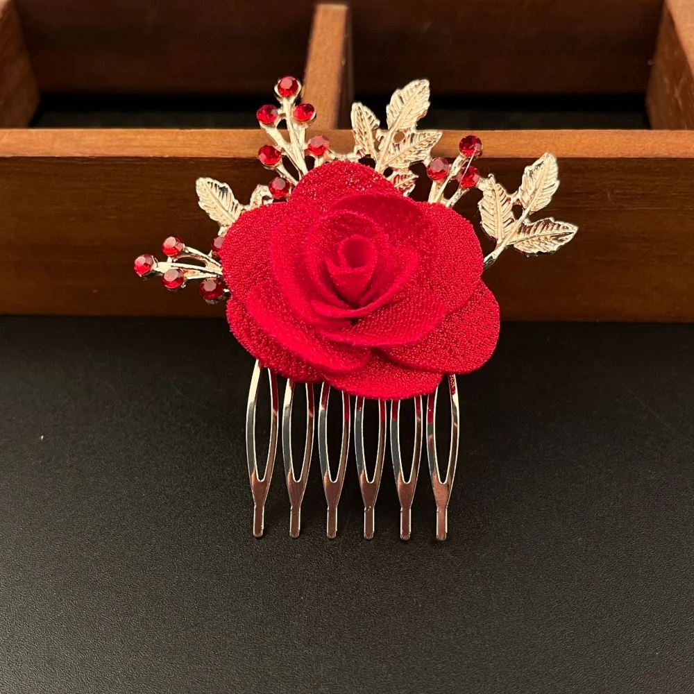 2pcs Wedding Red Rose Hair Combs, Gold Leaf and Rhinestone Design, Ideal for Bride and Bridesmaids Hairstyles