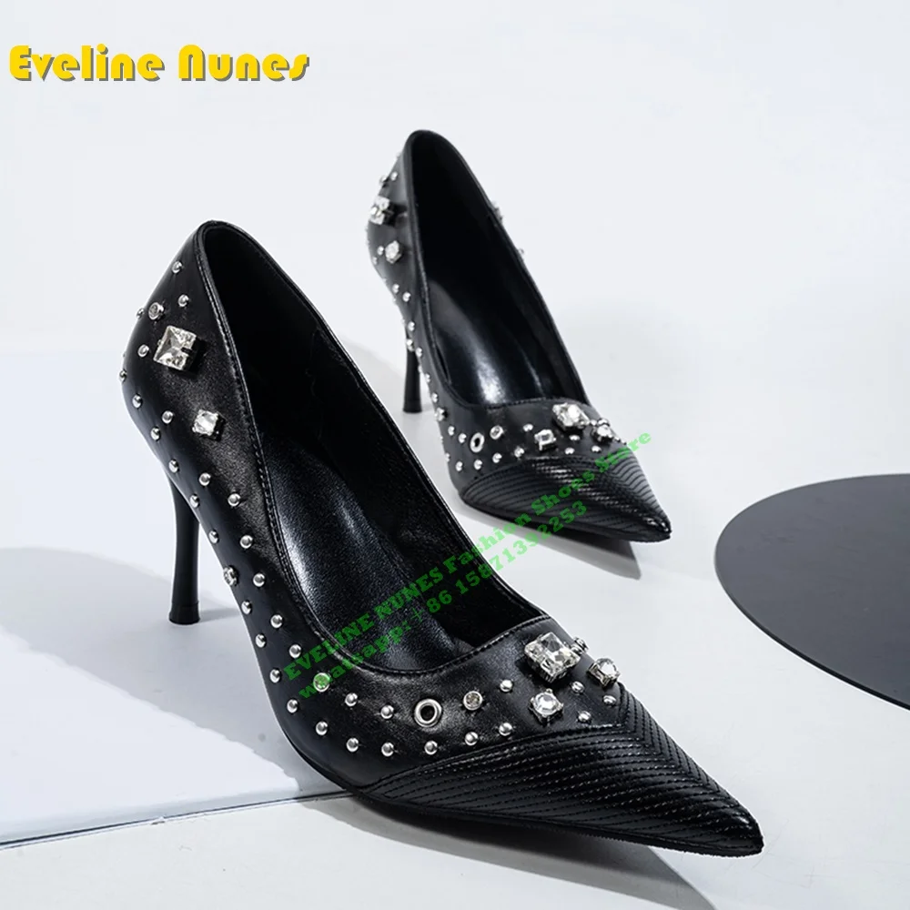 Rhinestone Rivet Shallow Black Pumps Pointed Toe Stiletto Slip On Gemstone Embellishment Sexy Women Heels Party Dress 2024 Trend