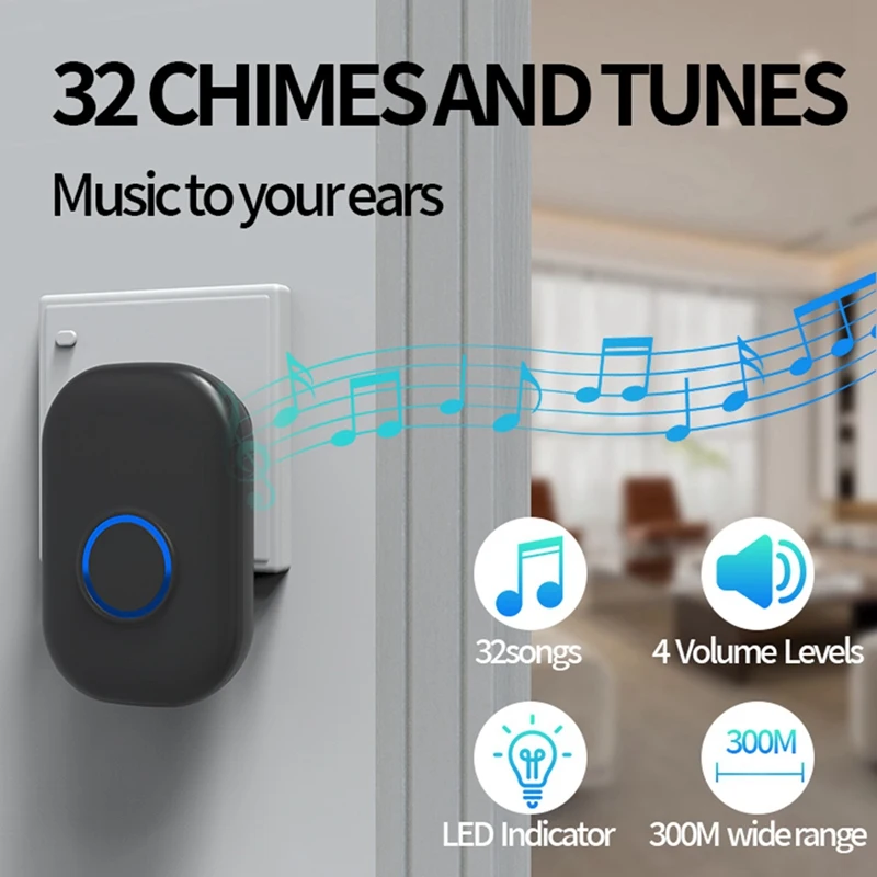 Wireless Doorbell Waterproof Smart Doorbell Home Door Bell Intelligent 4-Level Volume Control 32 Songs Doorbell
