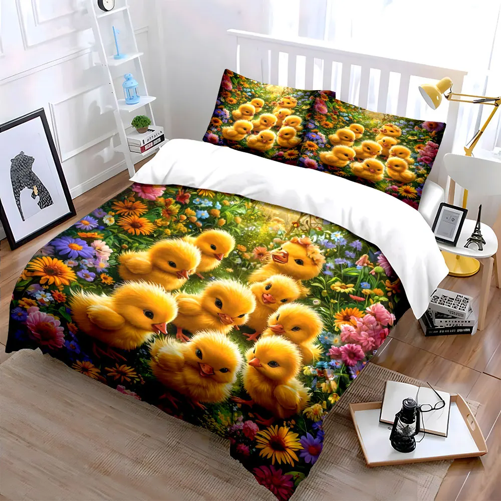 Yellow ducklings in blooming flowers Print Bedding Set 1 Duvet Cover 2 Pillowcases for Adult and Children Luxury Gift Full Size