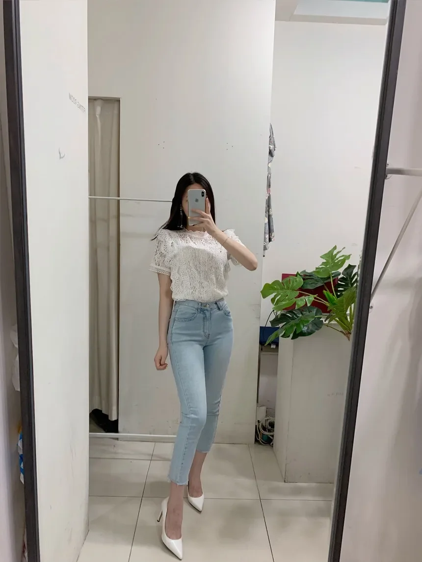 Korean Fashion Summer Chic Slim Fit Lace Blouse Women Short Sleeve Vintage Hollow Out Ladies Cute Elegant Shirt Cheap Wholesale