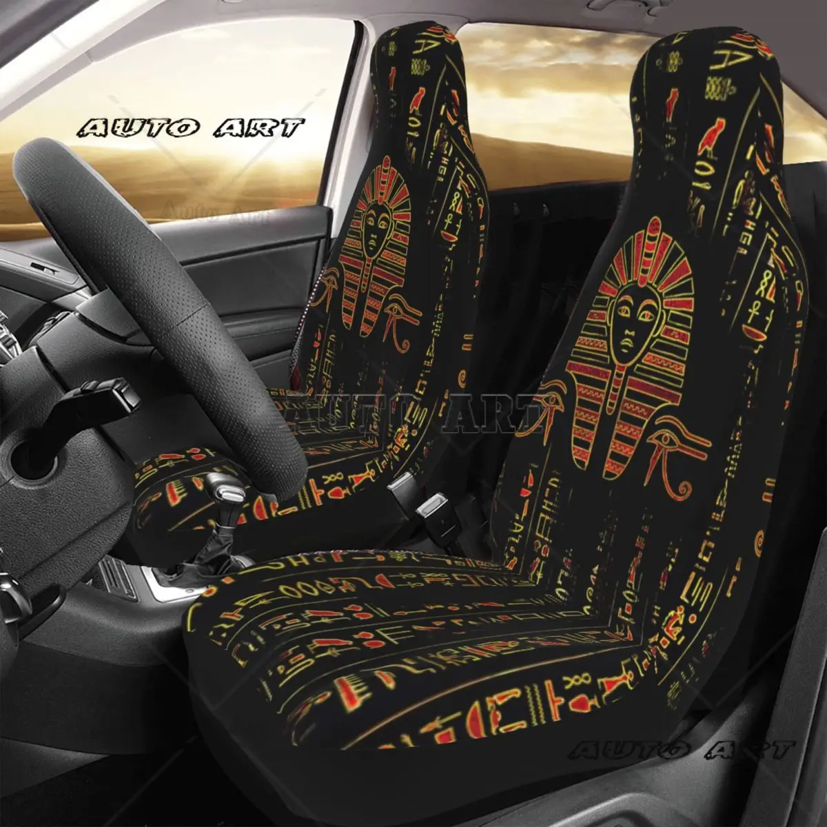 Egyptian Sphinx On Hieroglyphics Red Crystal And Gold Car Seat Cover Custom Universal Front Protector Accessories Cushion Set