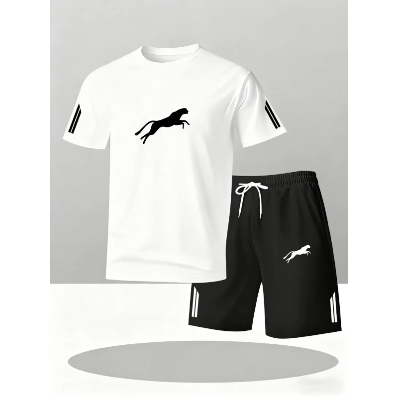 Nuevo Conjunto de Manga Corta con Logotipo de Caballo Galopante Dinámico para Hombre! Conjunto de Dos Piezas con Franja Lateral y Logotipo Vibrante