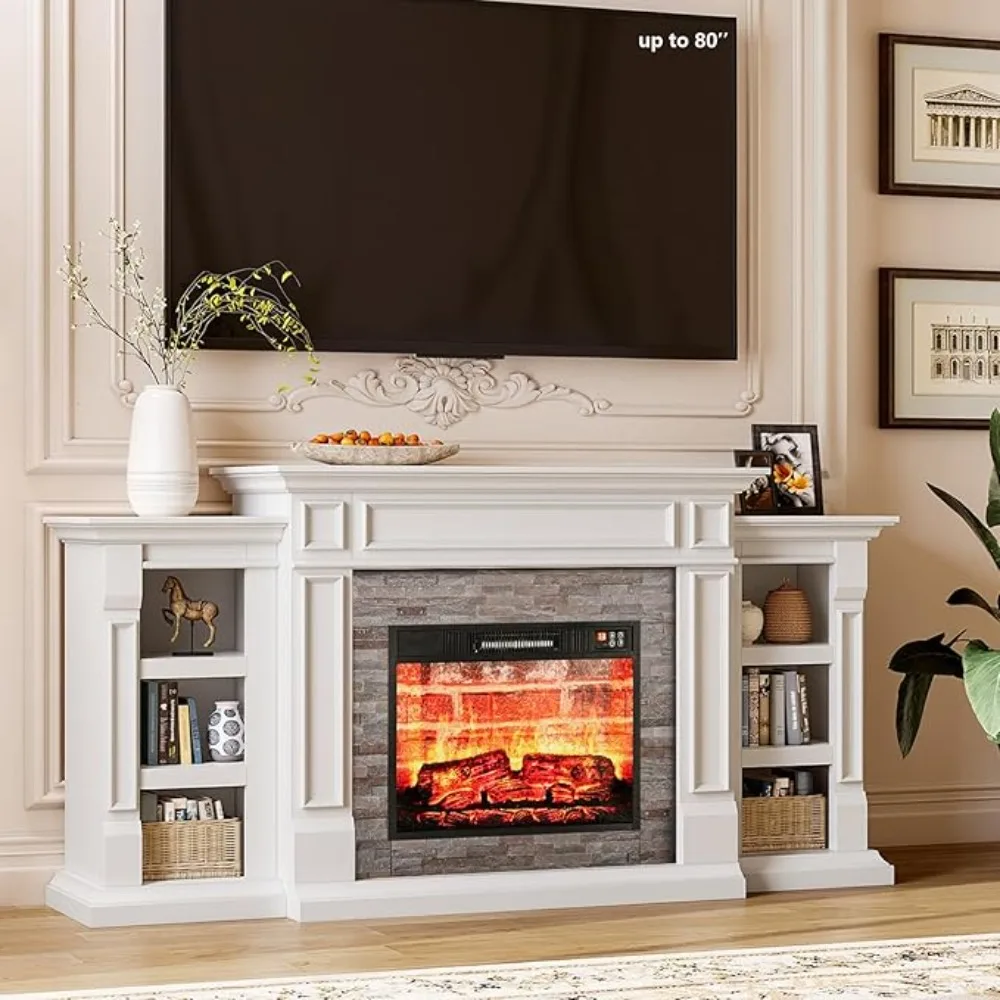 Chimenea eléctrica de 70" con repisa y gabinetes, soporte para TV con chimenea para sala de estar y dormitorio, personalizada