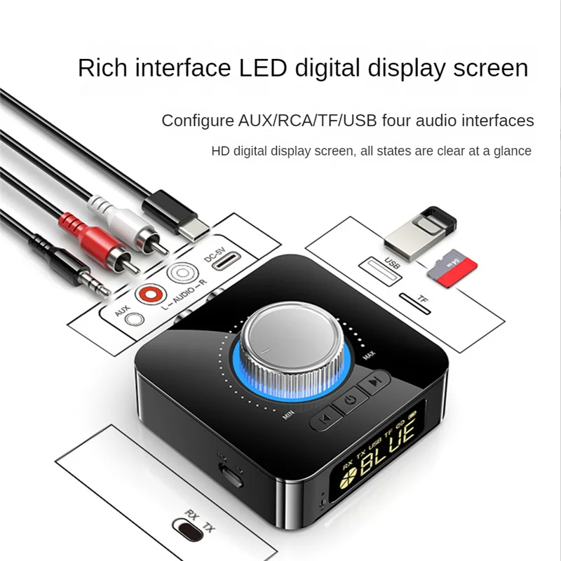AA08-1 Set Adattatore Bluetooth Trasmettitore ricevitore audio Bluetooth 5.0 Convertitore adattatore audio AUX 2 In1