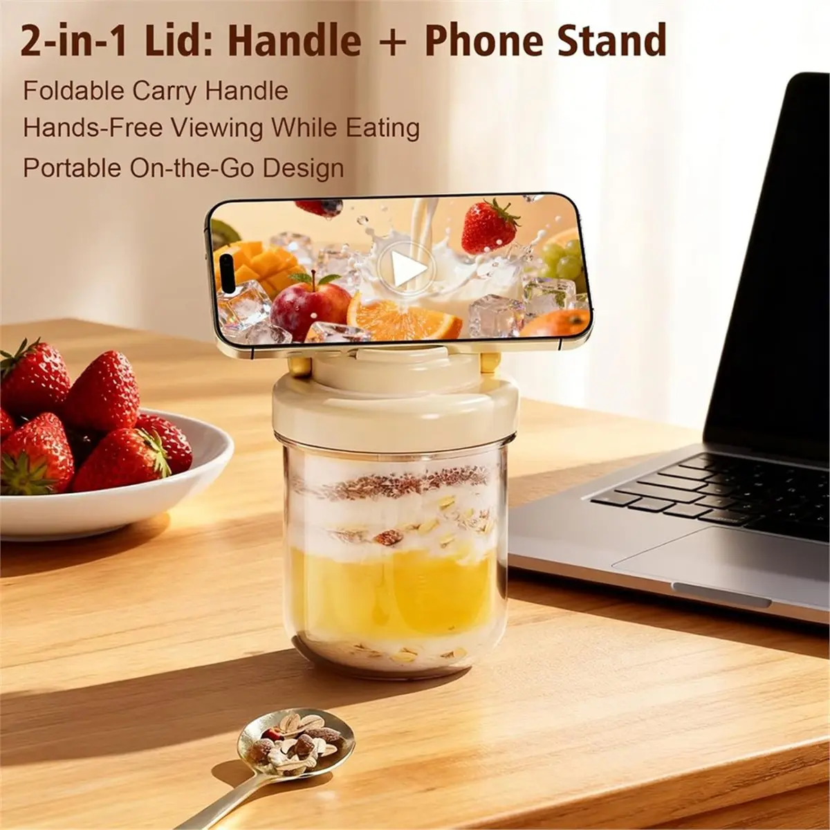 Time Saving Overnight Oats Jars with Lids and Spoons, 4 Pack 16 Oz Glass MasonJars, Leak Proof Airtight Oatmeal Containers