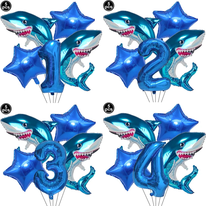 5-teiliges Blaues Hai-Zahlenballon-Set 0-9 Ozean Marine Cartoon-Tiere Geburtstagsparty Deko-Zubehör Geschenke