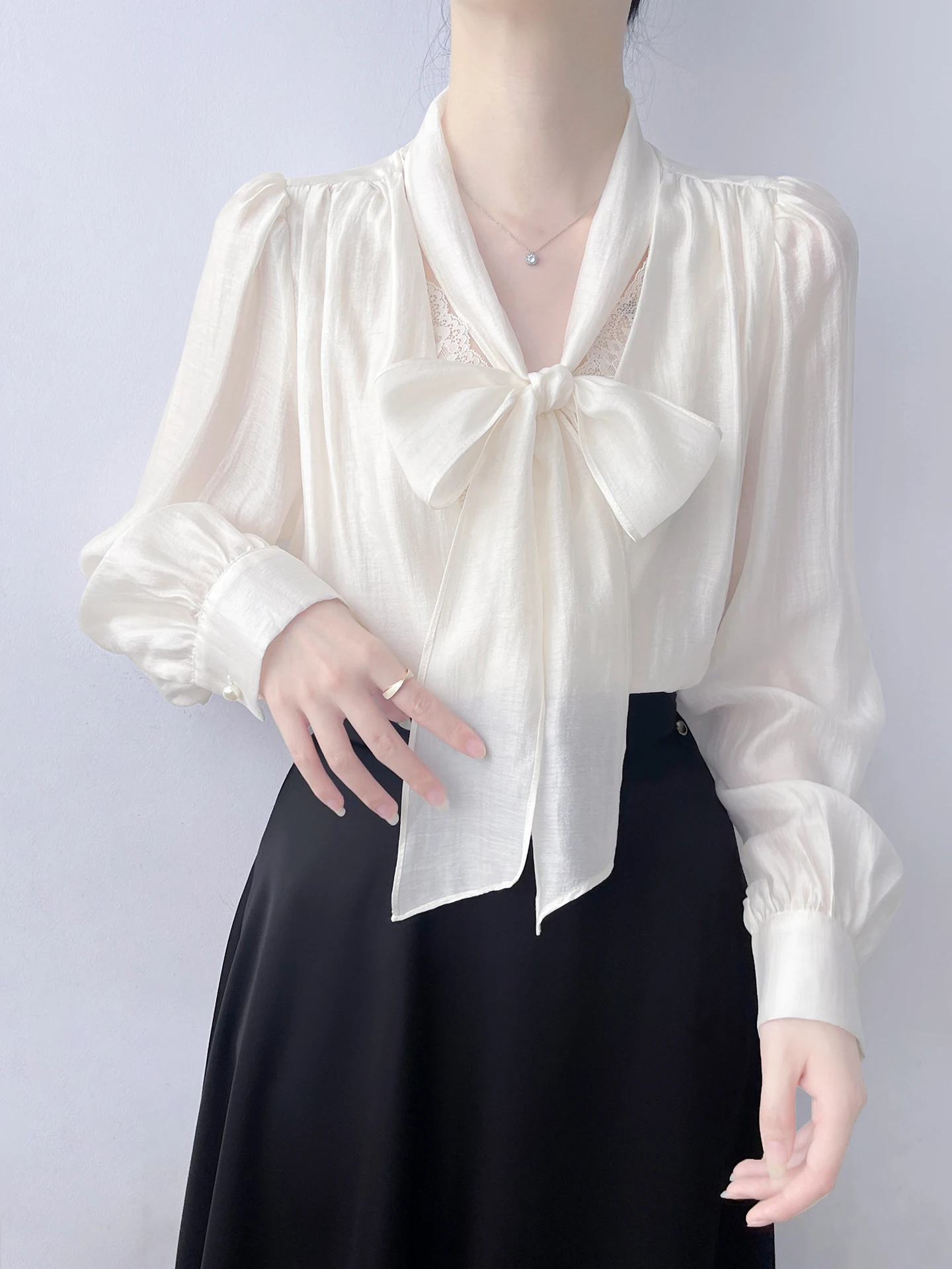 Korean Style Long Sleeve V-Neck Lace Patchwork  Knot Sash Commute Shirt Women Thin Semi-Transparent Rylee Top