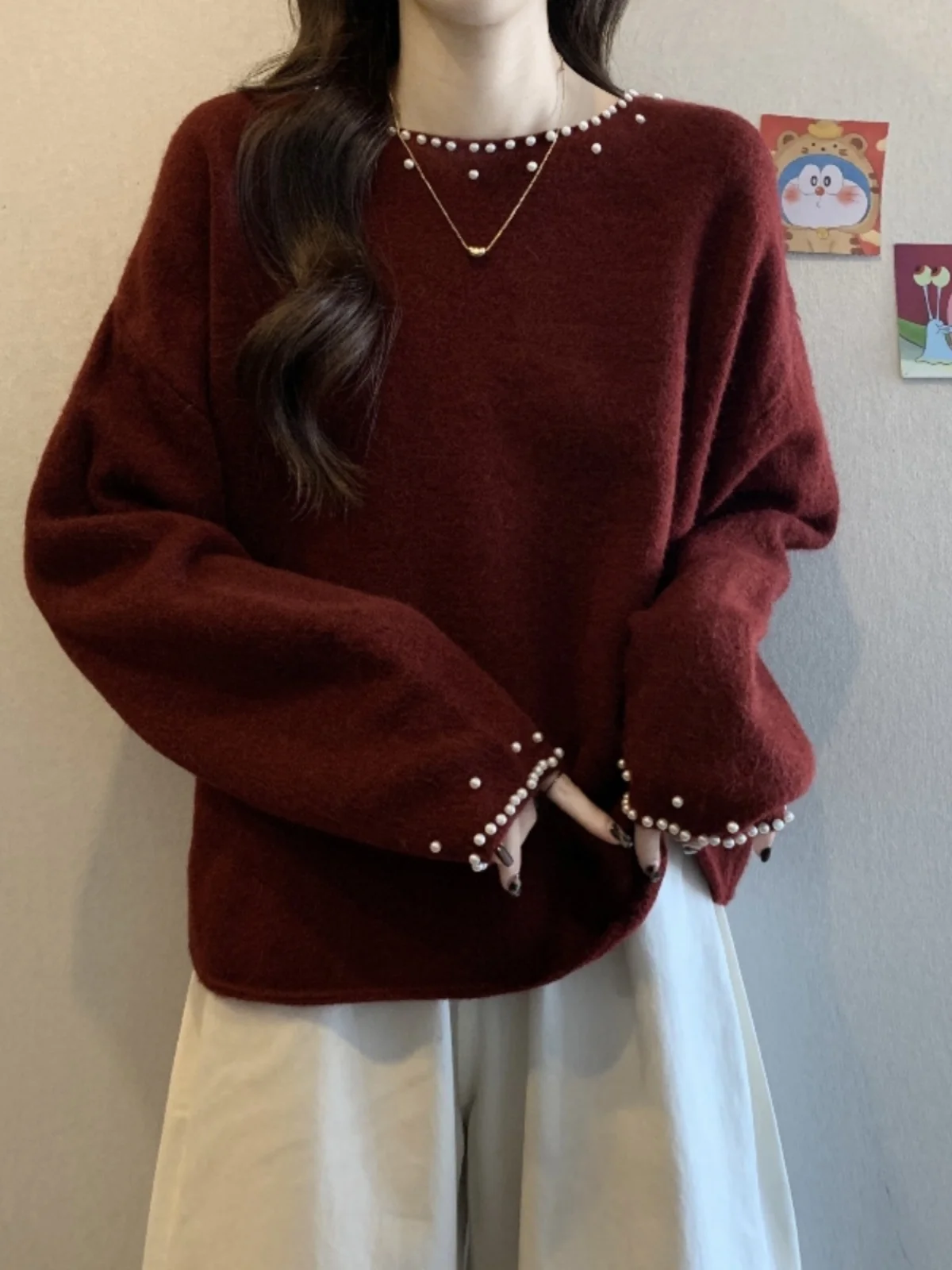 Purple Heavy Embellished Women's Knitwear Spring Autumn Large Size Beautiful Base Layer Sweater Soft Comfortable Long Sleeve
