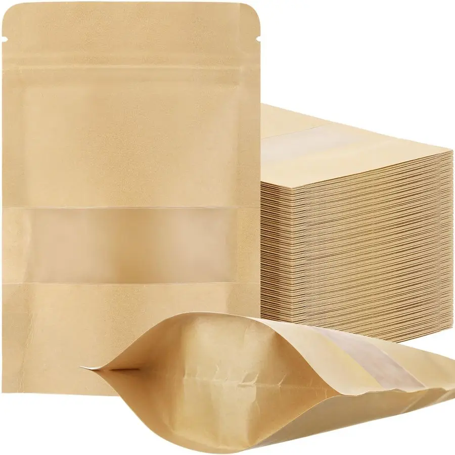 

300 Pcs Stand up Kraft Pouches with Window 6 x 9 Inch Kraft Paper Sealable Pouches with Notch Heat Sealable Resealable Bags for