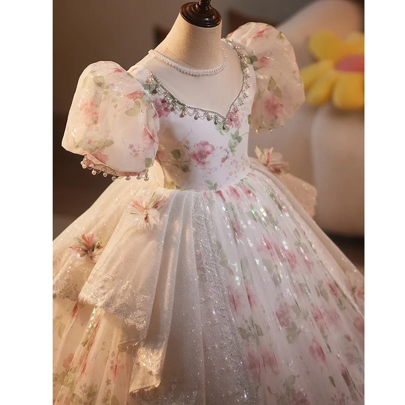 2024 Girl printing birthday dress girl host princess dress flower girl fluffy dress model runway piano performance dress