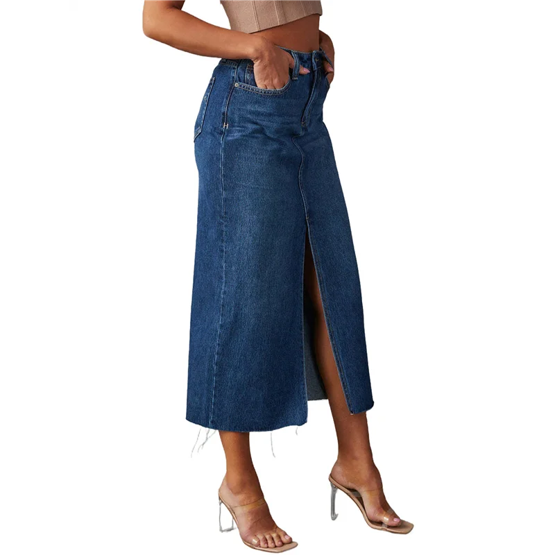 

CGS-Женская джинсовая юбка, эластичная джинсовая юбка-миди с высокой талией и потертым необработанным подолом, с карманами