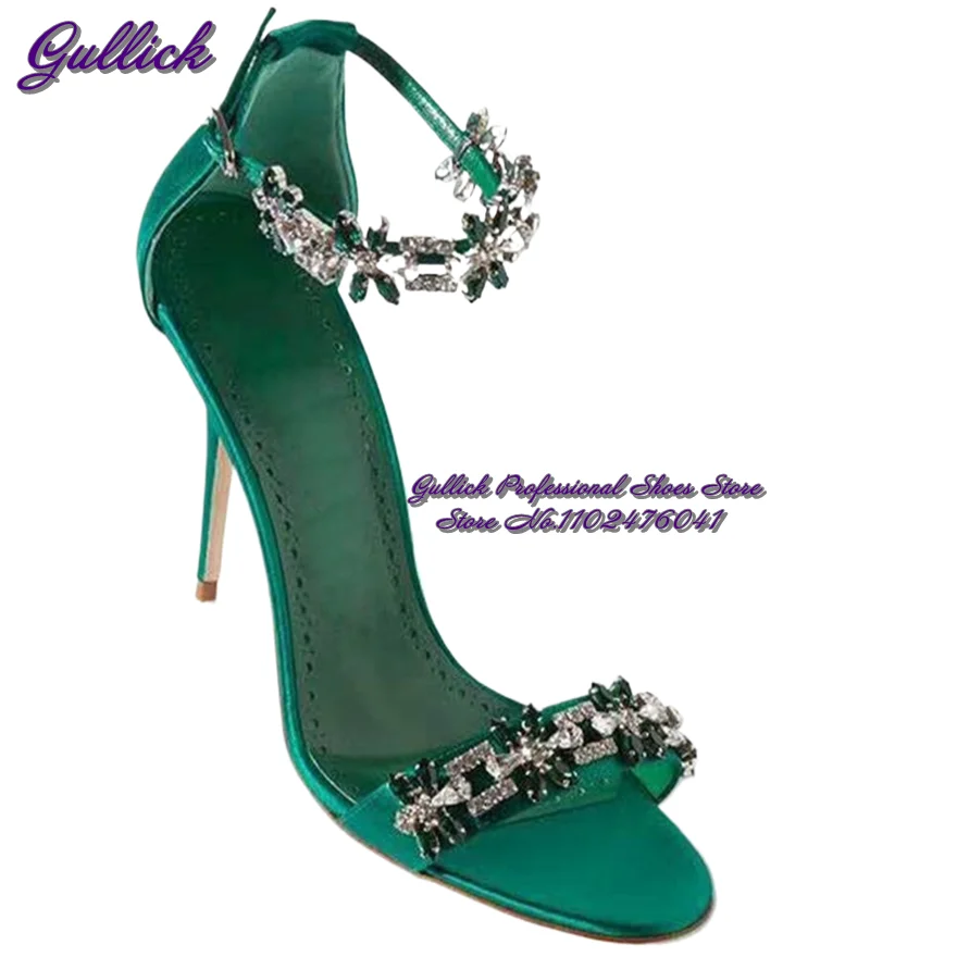 Gullick Emerald Green Satin Cloth Crystal Beaded Flower Sandals Bling Bling Rhinestone Floral Wedding Shoes 10cm 8cm Stilettos