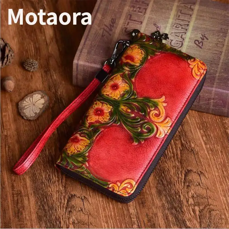 MOTAORA Women's Leather Wallet Long Clutch Purse Vintage Embossed Handmade Luxury Bags with Multi Card Slots Zipper Pocket Gift