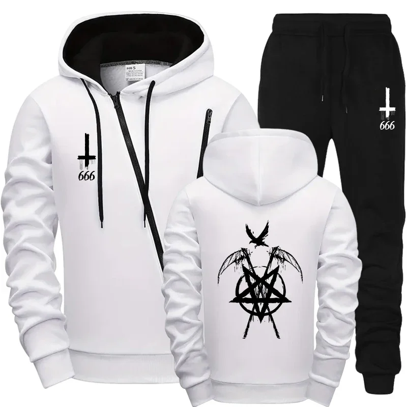 

Mens Urban Streetwear Set 2025 Diagonal Zipper Hoodie with Joggers Motorcycle Tracksuit Autumn Winter Satan Print Fashion Outfit