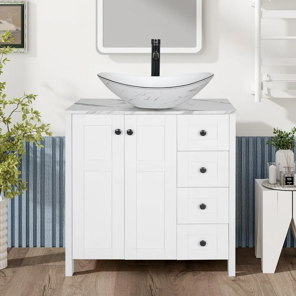 Tocador de baño blanco de 32" con tapa con textura de mármol y 4 cajones, mueble de pedestal de pie moderno con lavabo de cerámica para barco de mármol