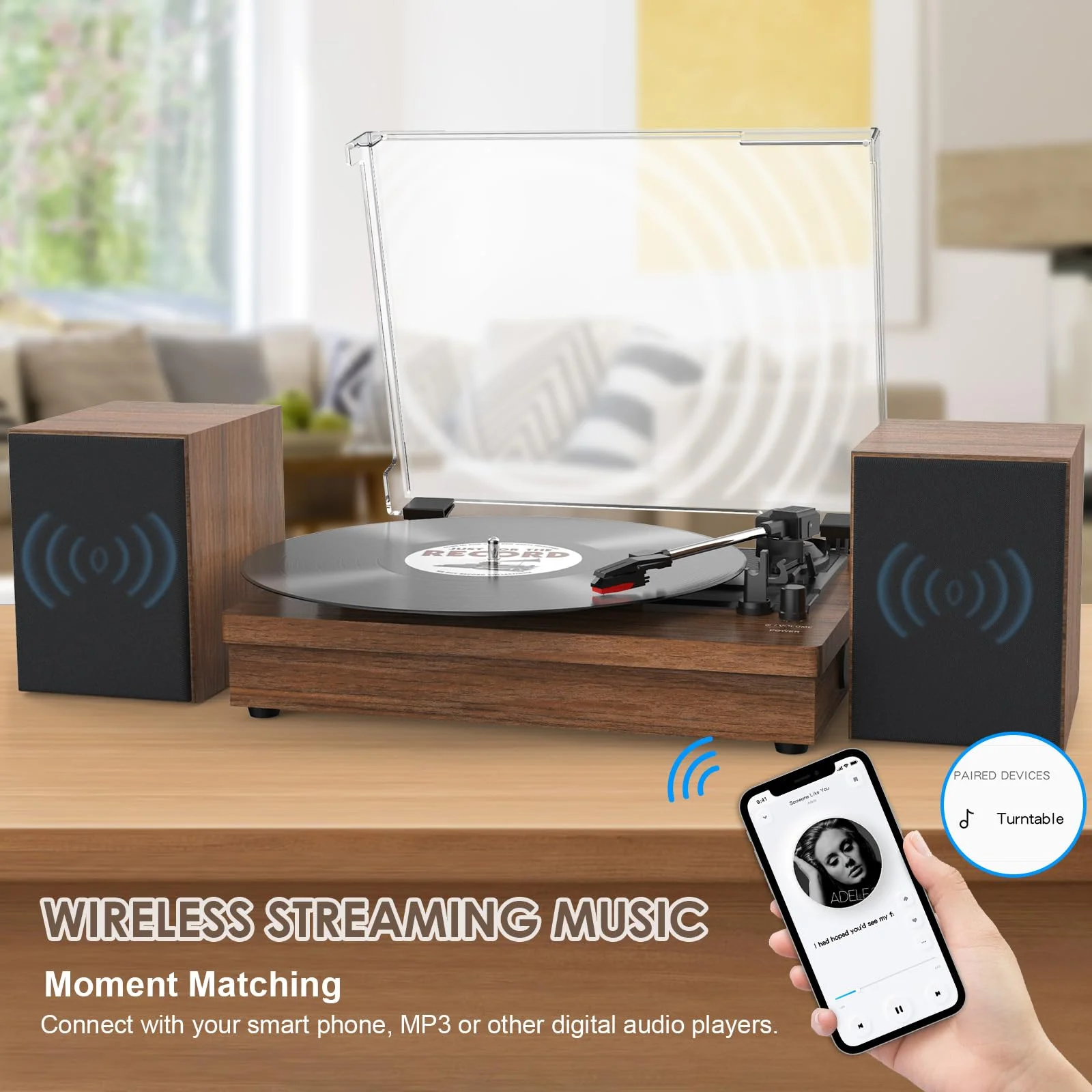 2 Hi-Fi Speakers Walnut Wood Stereo Vinyl Turntable BT 3 Speed Record Player