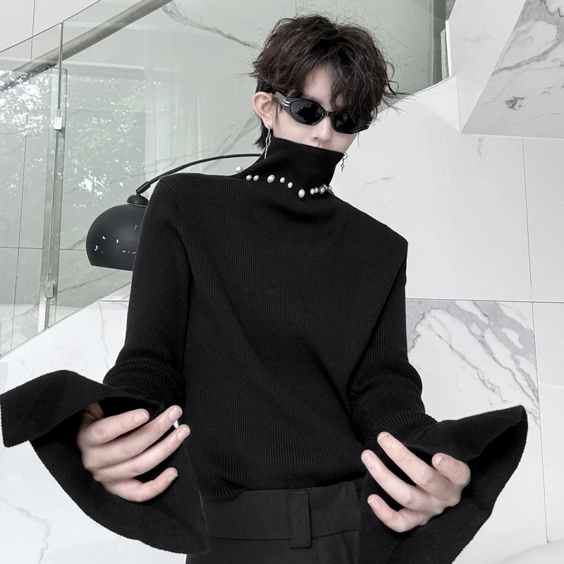 

Мужской тонкий вязаный свитер с высоким воротником на весну-осень, с жемчужным декором, базовый слой для повседневной носки