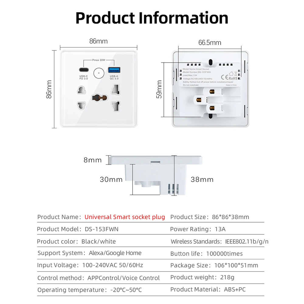 Tuya US Wifi Smart Switch with Socket Push Button Smart Wall Plug Wireless Switches Works with Alexa Google Home Voice Control
