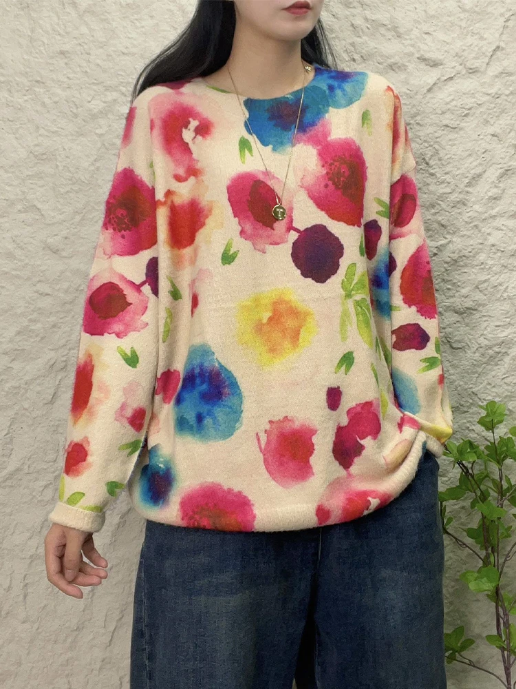 Amax luluE 2025 سترات نسائية شتوية مطبوعة فضفاضة دافئة سترات نسائية فاخرة كبيرة الحجم برقبة دائرية ملابس تريكو غير رسمية