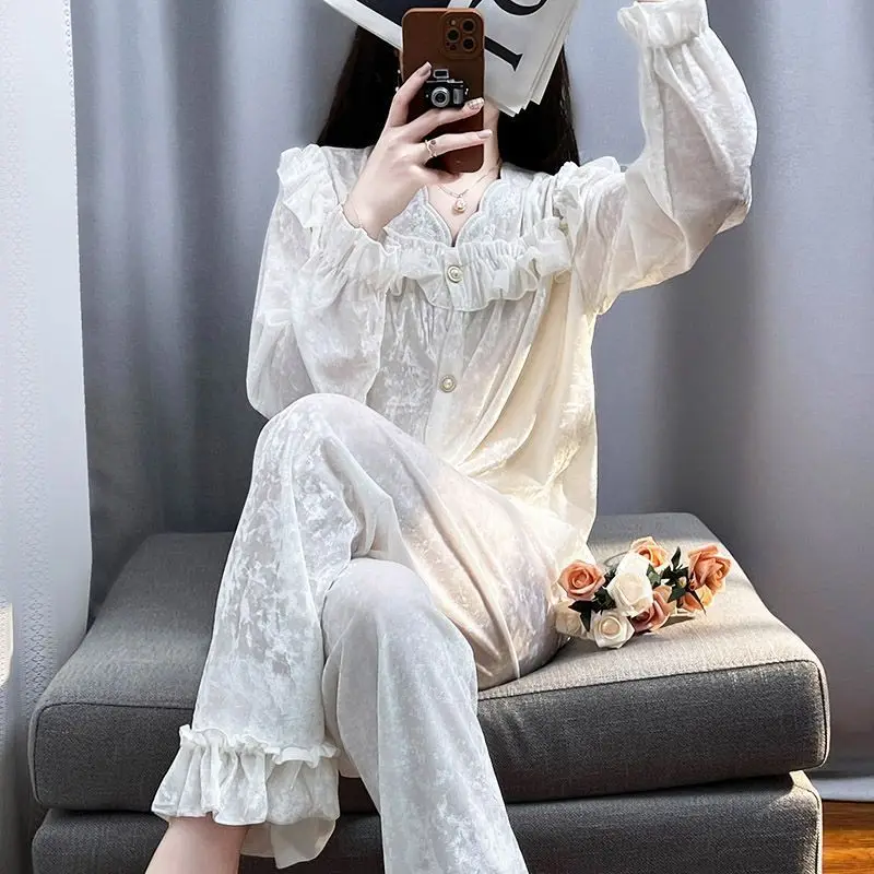 Princess Style Lace and Lace Outerwear Light Luxury French Court Sweet Sleepwear Women's Home Clothes White Set