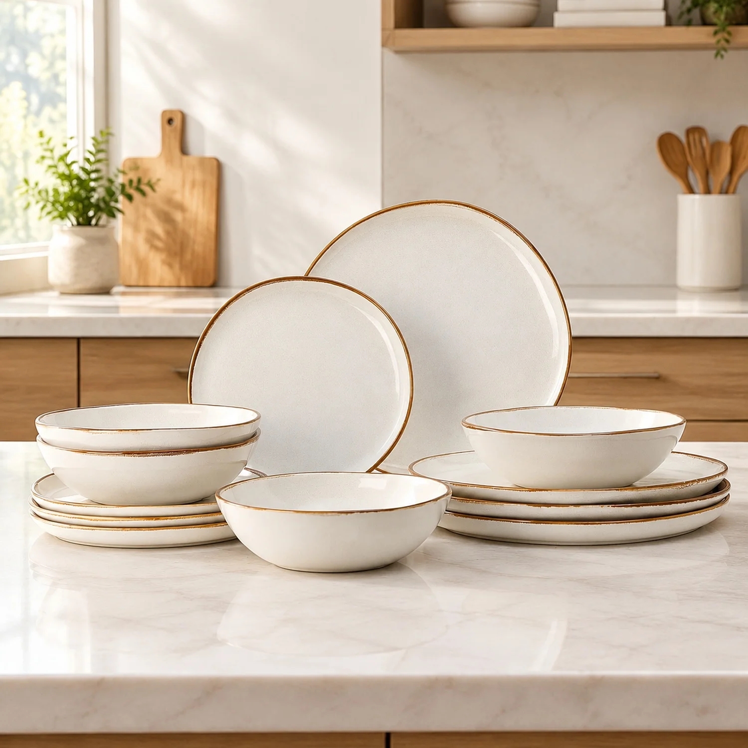 12 Pieces Round Kitchen Dinnerware Sets,Plates and Bowls,Dishes, Chip Resistant Ceramic, Dishwasher/Microwave Safe,Service
