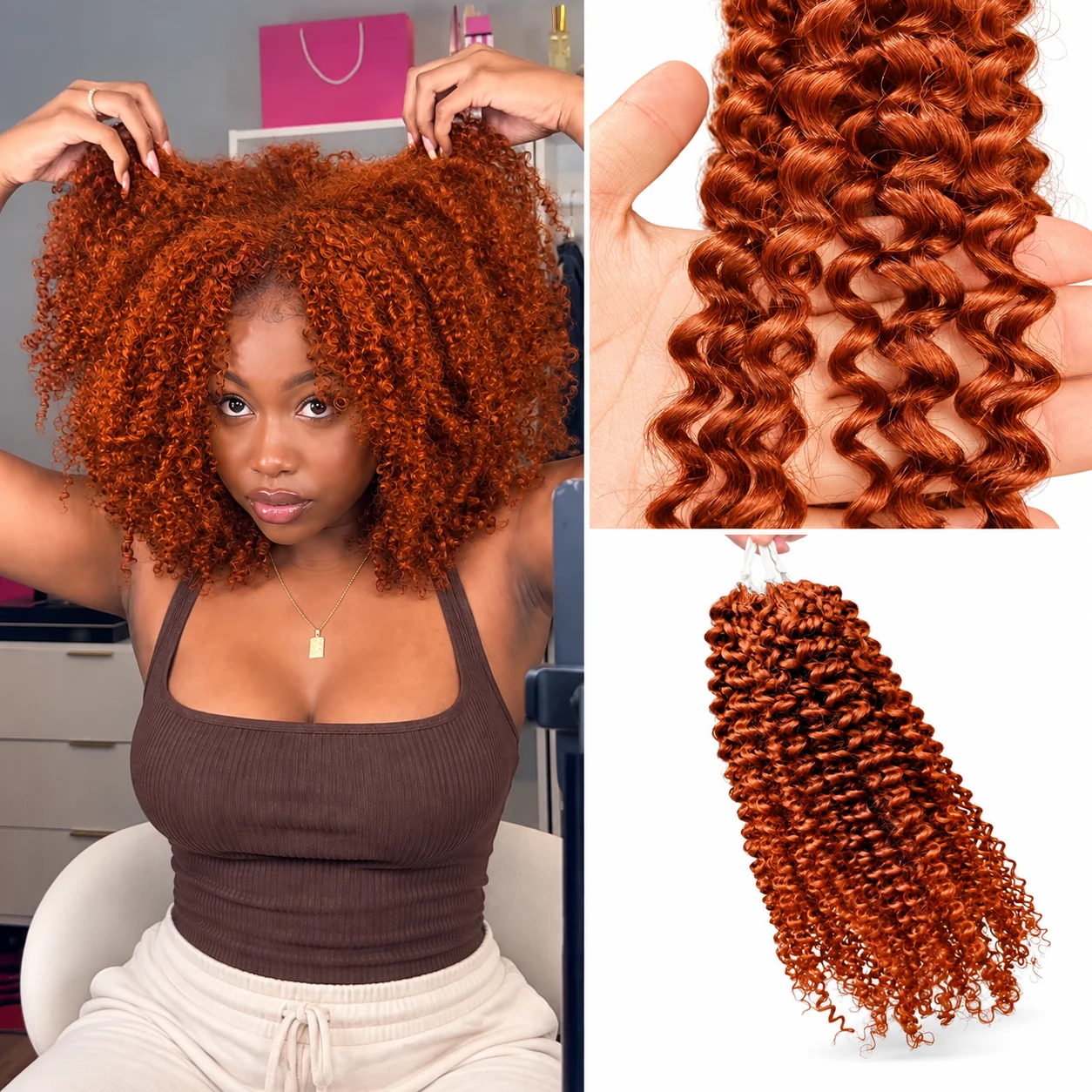 Ginger Copper Afro Curly Human Crochet Hair Extensions Natural Curly Texture Miracle Knots Pre Separated Knotless  Boho Braids