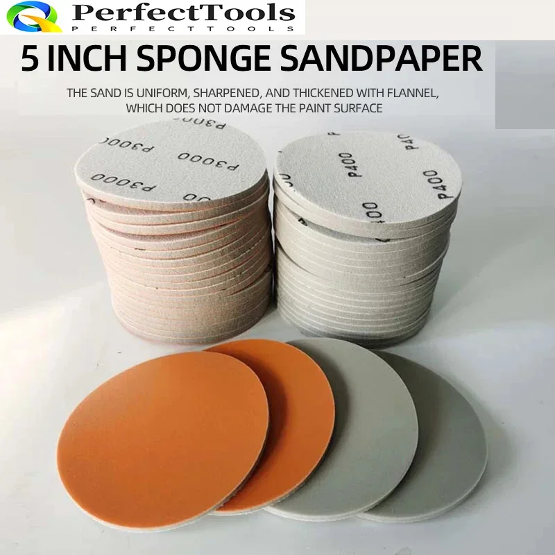 5 Inch Sponge Sandpaper 1000 2000 And 3000 Grit Car Paint Surface Polishing Beauty Dry Grinding Disc Back Flocking Self-adhesive