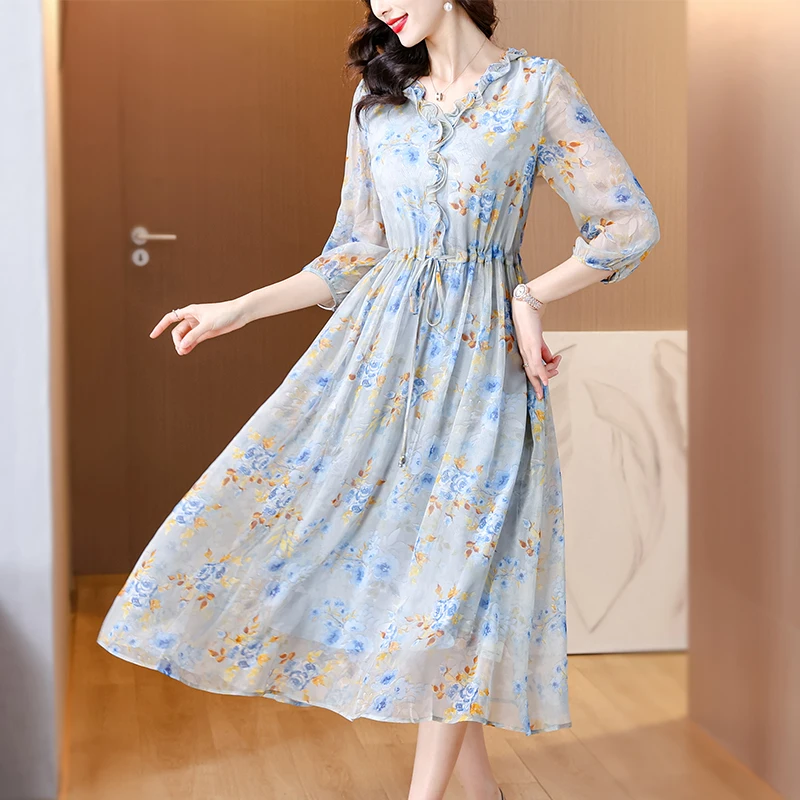 

2024 Spring Summer Floral Silk Beach Midi Sundress Women Boho Fashion Casual Light Dress Korean Elegant Luxury Festival Vestidos