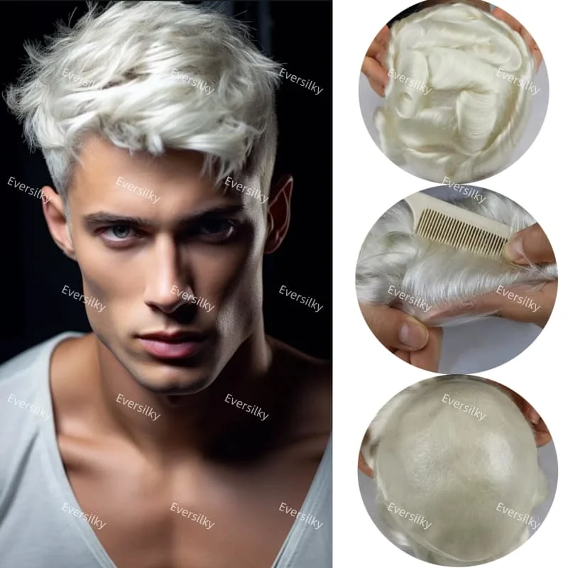 

#60R white Vloop100% European Human Hair 0.02-0.03mm Full pu base Thin Skin men toupee 80%-100%Density Natural Hairline men’wig