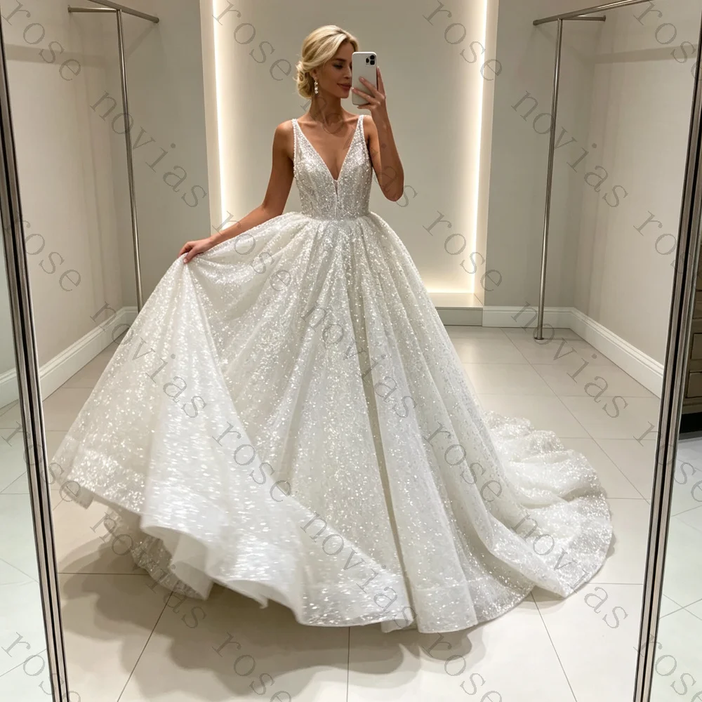 Customized Luxury Bridal Ceremony Gown Deep V Sleeveless Sparkly Beaded Glitter Tulle Ballgown Dress Royal Wedding Outfit