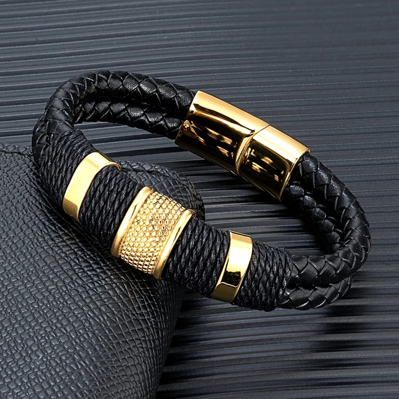 MKENDN модный мужской плетеный браслет из натуральной черной кожи браслет из нержавеющей стали с магнитной пряжкой подарки для мужчин Pulseras