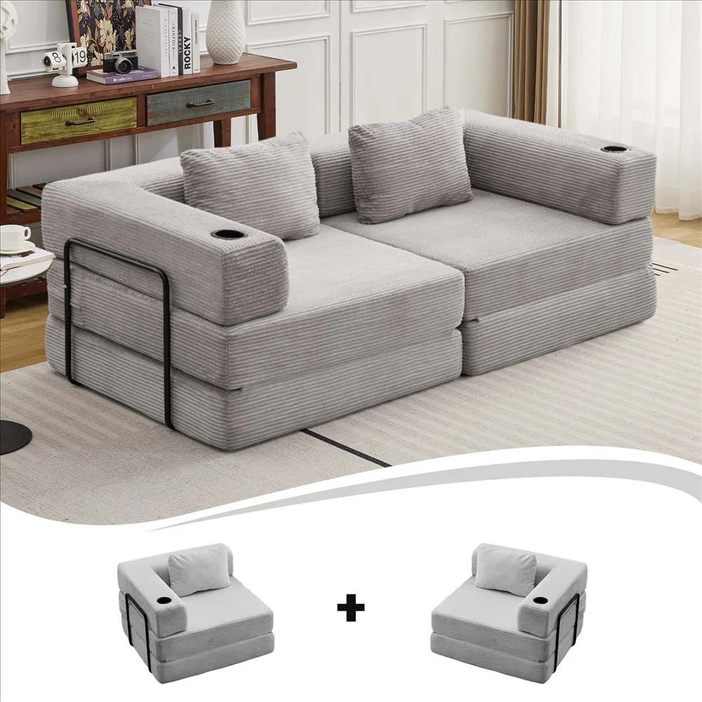 Modernes Frei Kombinierbares Modulares Ecksofa Olivgrüner Cord Convertible Couch mit Getränkehaltern Platzsparende Möbel – Detail 4