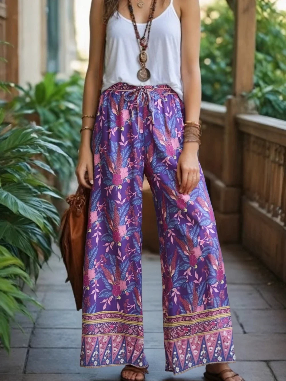 Happie Queens Vintage Women Purple Floral Print Beach Bohemian Wide Leg Pants Lady Elastic Waist Loose Boho Pant Trousers