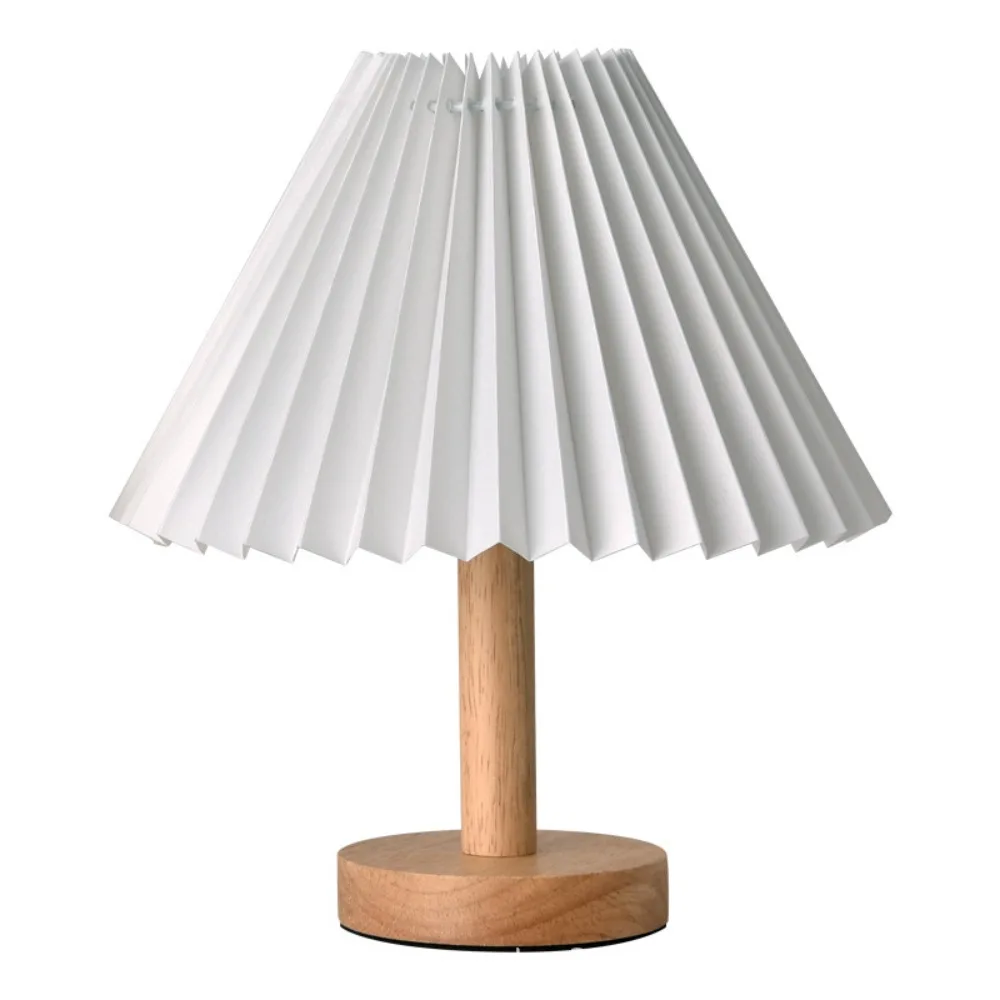 Retro Dimmable Led Lamp Pleated Three-color Table Lamp Creative Solid Wood Bedside Lamp for Bedside Desk