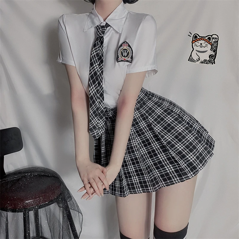 3Pcs Women School Uniform Girl Sexy Jk Student Clothing 2022 Japanese School Cosplay Costumes Split Anime lattice Tie+Top+Skirt