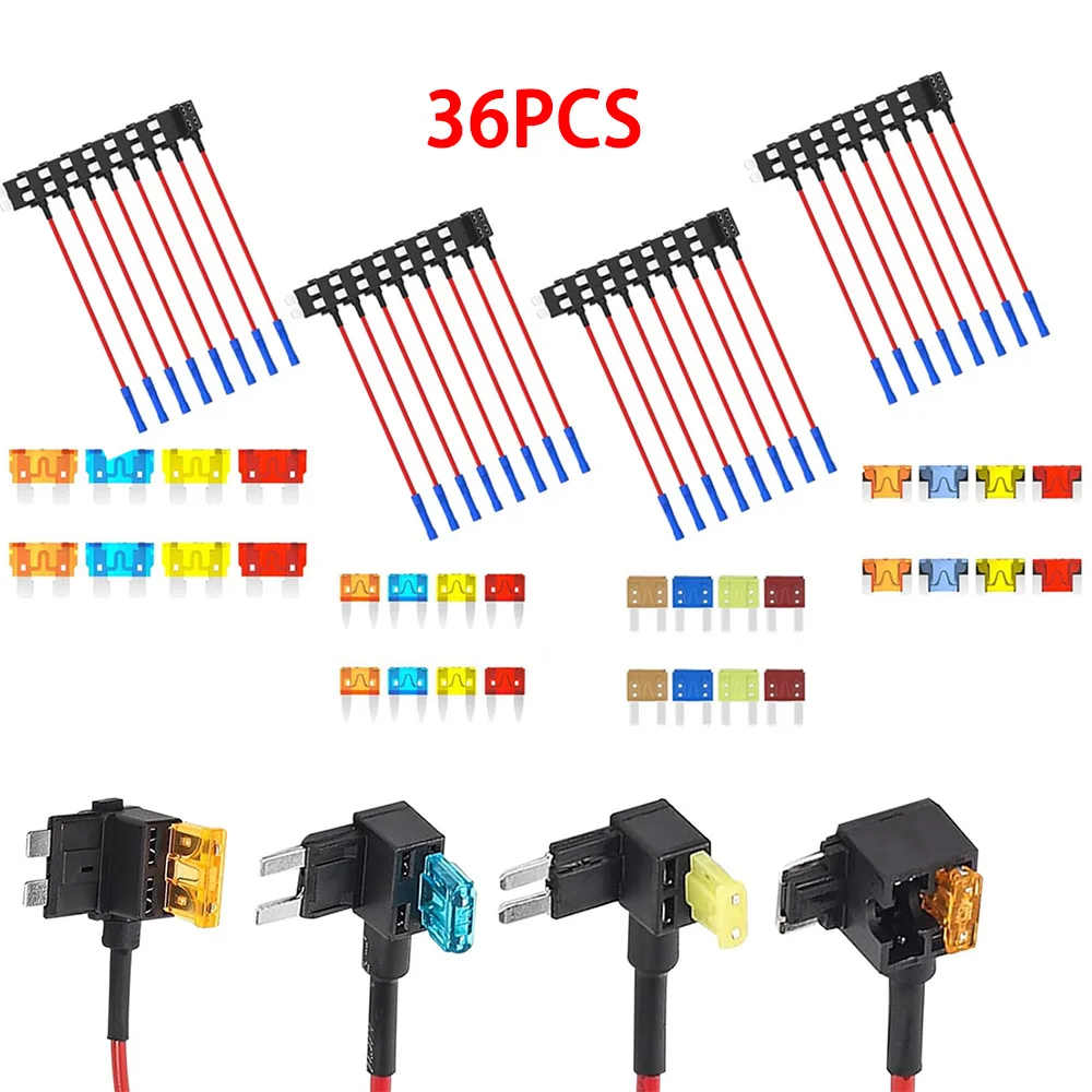36PCS 4 Types Fuse Tap 12V Add a Fuse Kit with 5A 10A 15A 20A Fuse Standard Low Profile Fuse Tap Adapter Mini and Micro2