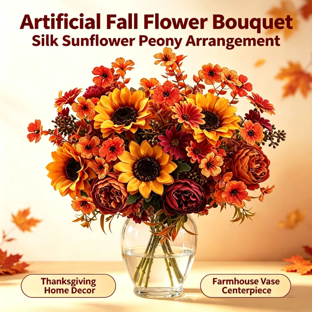 35 cm Künstlicher Seidenblumenstrauß, Sonnenblume, Gänseblümchen, Kunstblumen-Arrangement für Thanksgiving-Dekoration, Herbstdekoration für Zuhause und Hochzeit im Freien – Detail 1