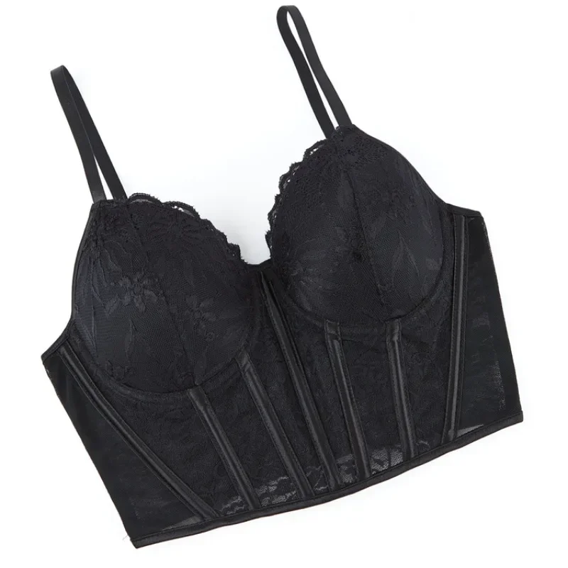 Czarny koronkowy gorset bustier damski push-up z przezroczystej siateczki, elegancka bielizna na imprezę klubową.