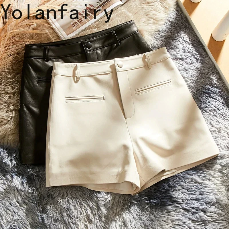 

Genuine Sheepskin Leather Shorts for Women 2024 Korean Fashion Wide Leg Short Pants Women High Waist White Short ropa de mujer