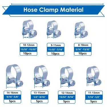 Assortment of 50 For Mini Hose Clamps for Automotive Fuel Systems and Home Plumbing Projects 8mm to 16mm Silver Metal