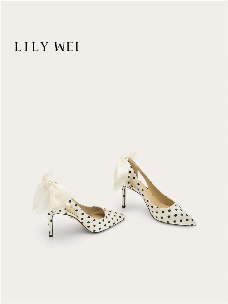 

Spring and summer new pointed-toe polka dot pearl satin bowknot widened high heels banquet large size small size women's shoes