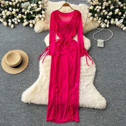 Sexy Chic Elegant Mesh Solid Long Sleevees Slit Dress Party Slim Women Autumn Fashion Evening Party Pencil Dress Clothing