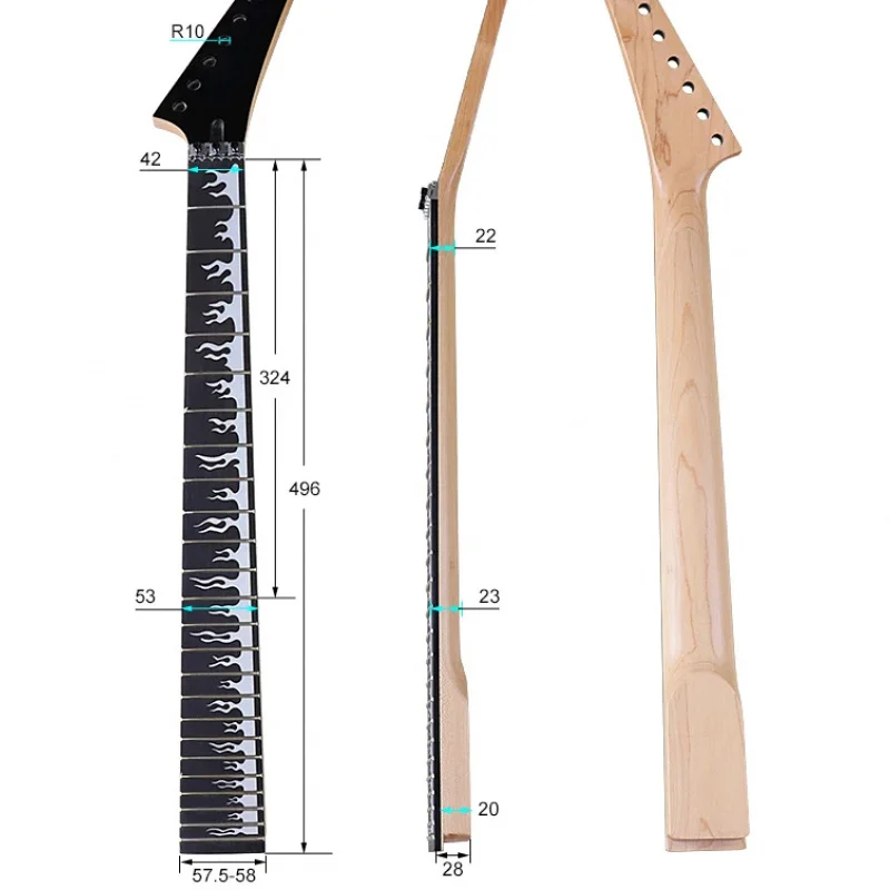 Canada Maple Electric Guitar Neck Hand Made 6 String Black Color 24 Frets Rosewood Fingerboard Fire Pattern Premium Custom Part