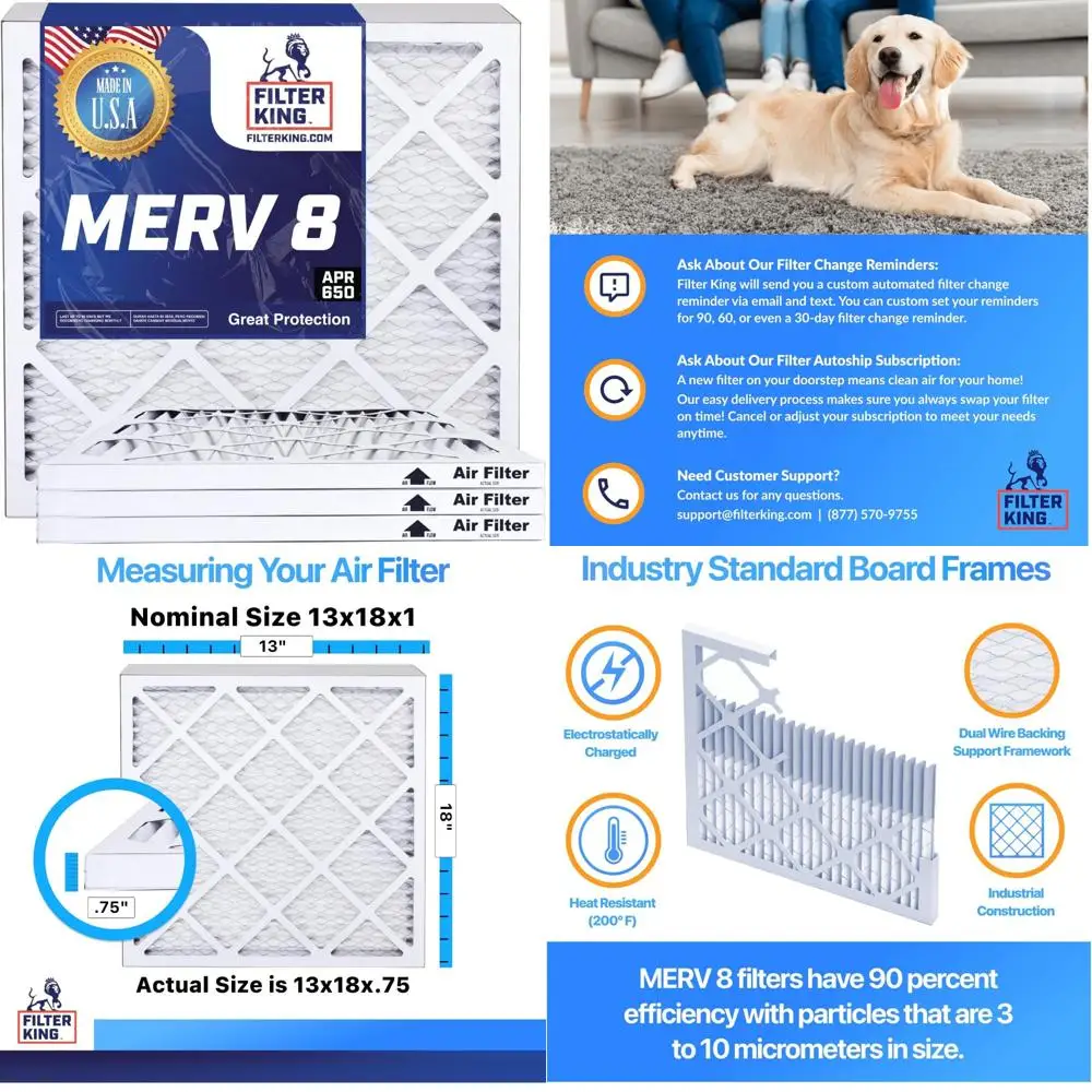 

Filter King 13x18x1 Air Filter | 6-PACK | MERV 8 HVAC Pleated A/C Furnace Filters | MADE IN USA | Actual Size: 13 x 18 x .75