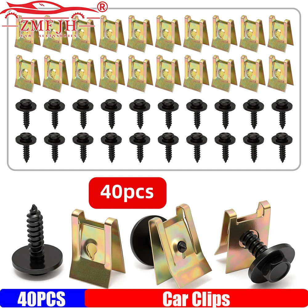 ZMFJH Chassis Engine Guard Metal Nut/Screw Washer U-shape Clip for BMW E46 E92 E90 F10 Car Fender Bumper Cross Head Screws 40PCS
